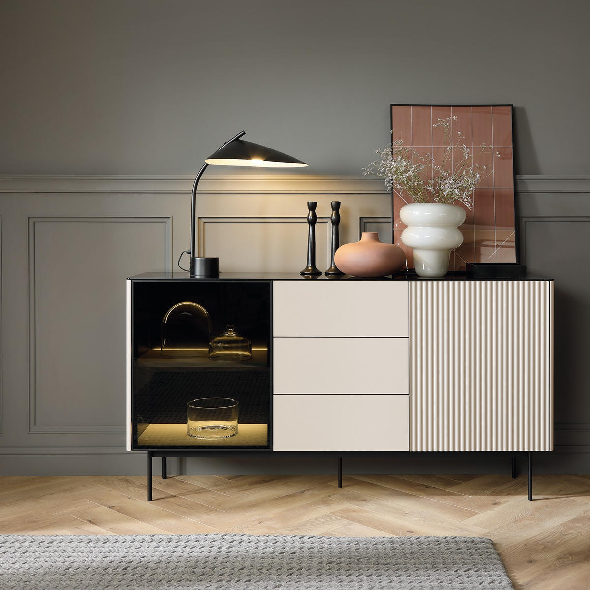 SIDEBOARD VELLUTO 157x39x84 cm mit 3 Schubladen und 2 Türen Kaschmir - Kaschmir, Holzwerkstoff (157/84/39cm) - MASSENO