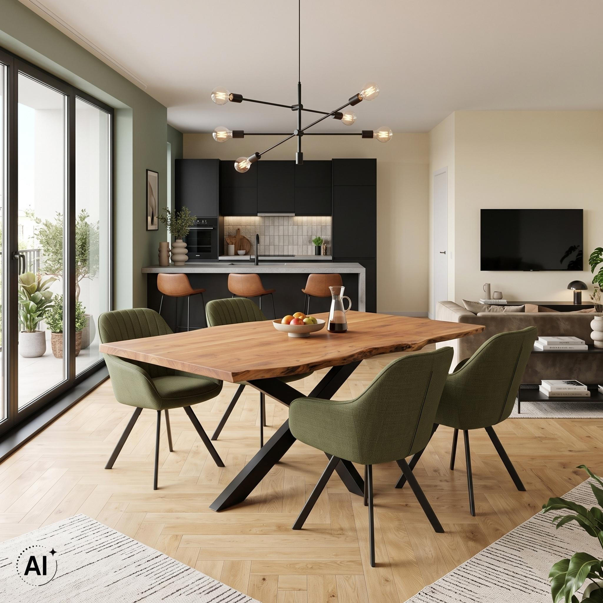 ESSZIMMER-SET Matera & Catania - Schwarz/Olivgrün, Holz/Textil (90/76/160cm) - Mr. Deko