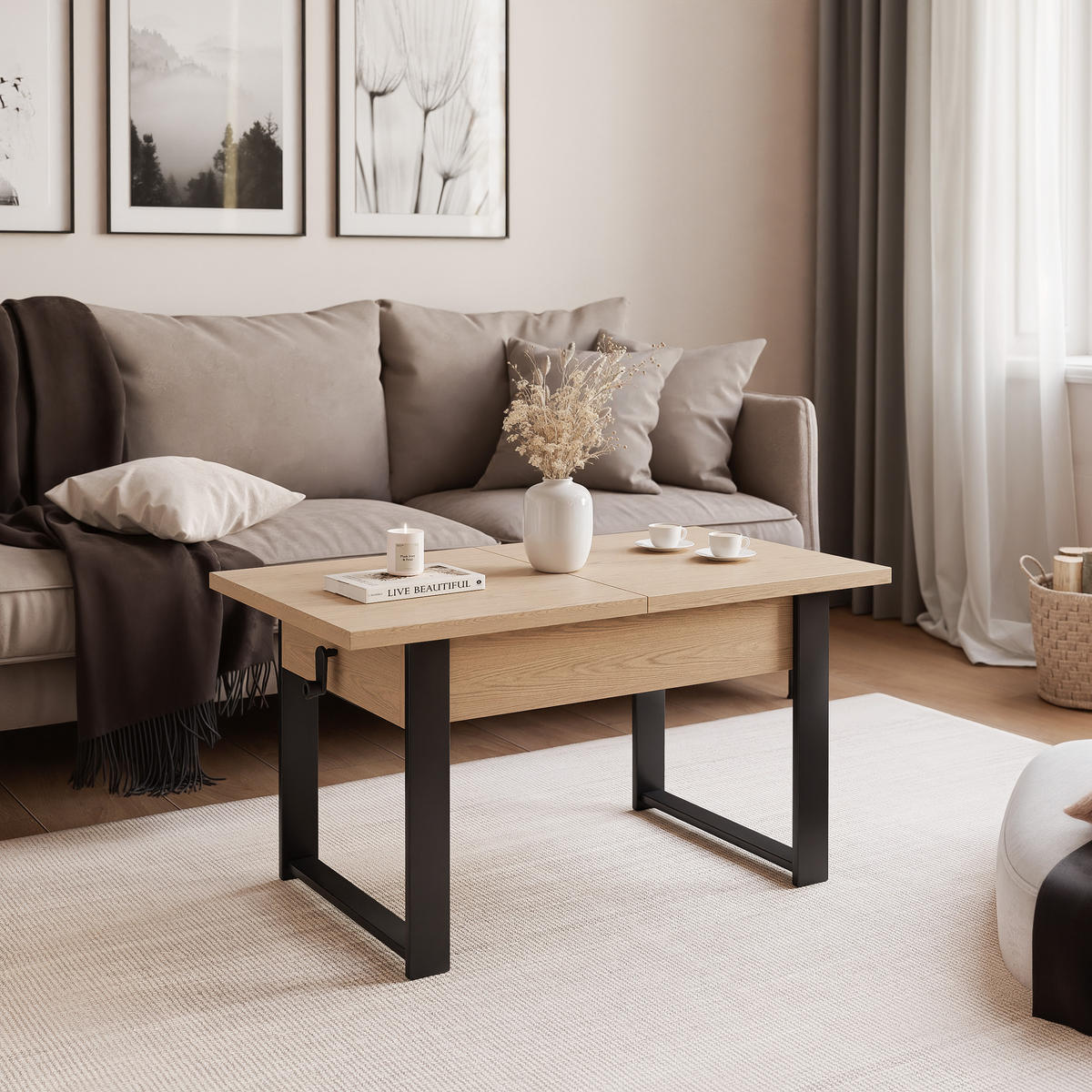 COUCHTISCH TIVOR Multifunktionalität 3-in-1 - Eichefarben/Schwarz, Holzwerkstoff/Metall (67/120/63.5cm) - Idohome