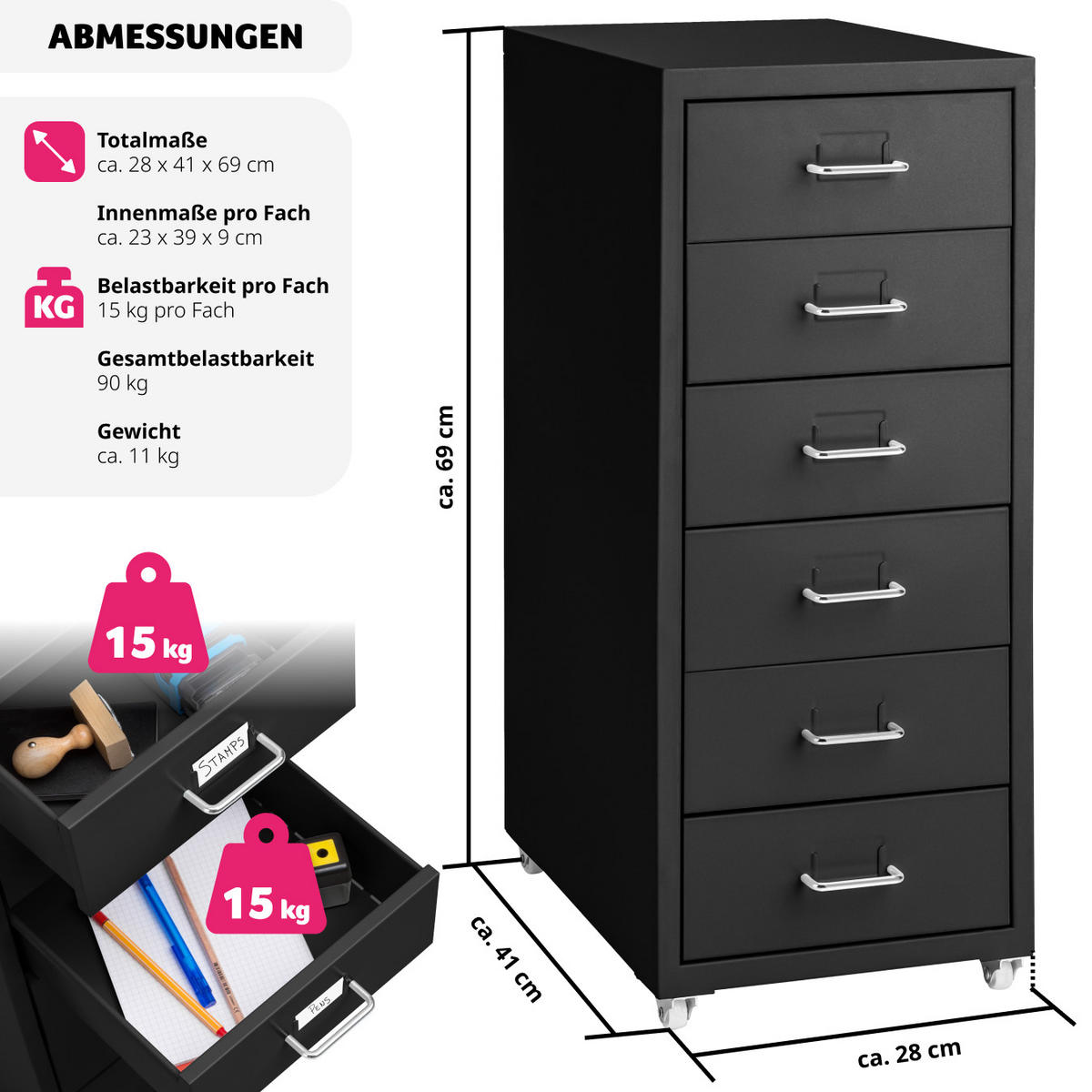 ROLLCONTAINER ,einfache Montage, 41 x 28 x 69 cm,schwarz - Schwarz, Metall (28/69/41cm) - tectake