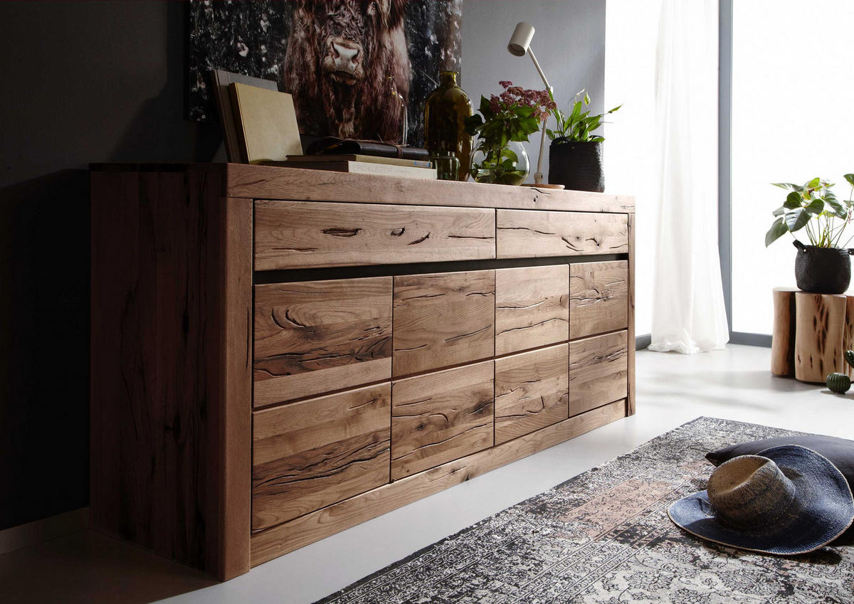 SIDEBOARD Wildeiche / Zerreiche 202x43x80 braun geölt MONTREUX #352 - Braun, Holz (202/80/43cm) - Massivmoebel24