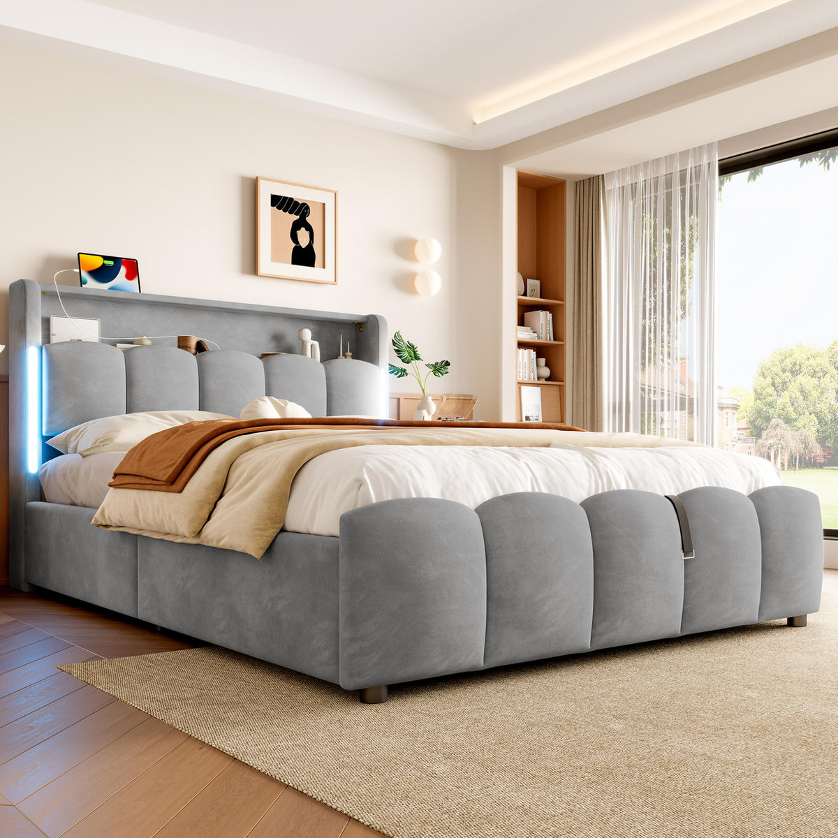 ČALOUNĚNÁ postel 140/200 cm, sametová, šedá, s LED osvětlením a úložným prostorem - šedá, textil (140/200cm) - BEAOK