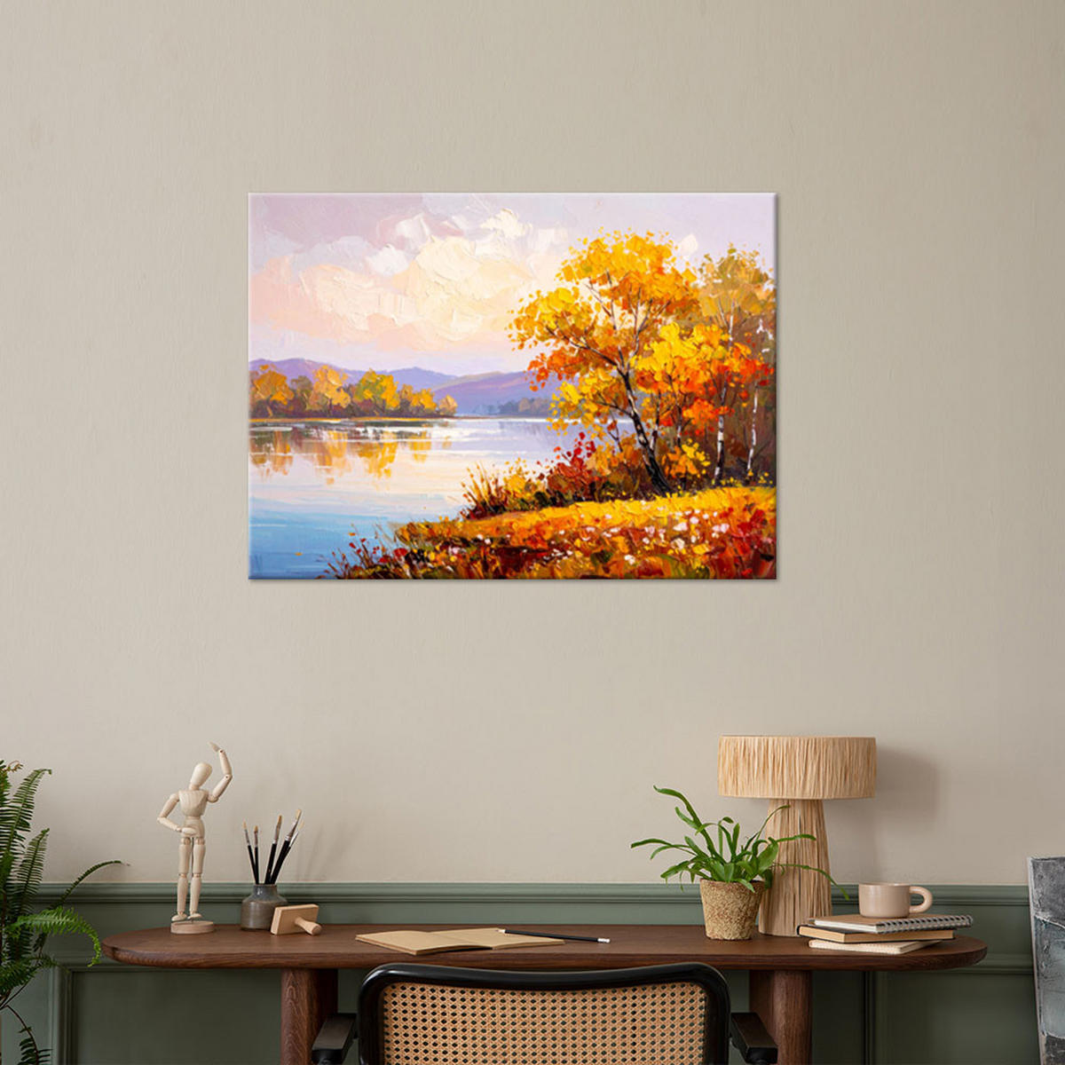 LEINWANDBILD See Landschaft Bäume wie gemalt 100x70cm - Gelb, Textil (100/70cm) - Feeby