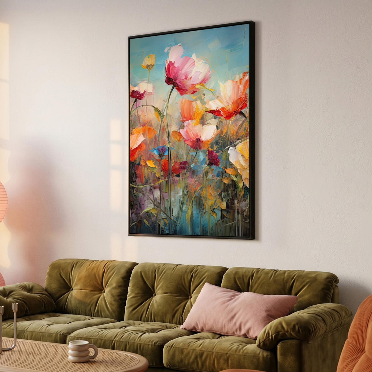 LEINWAND Bilder mit Rahmen - Blumen - Aquarell - Kunst - Botanisch - Natur - 90x140 - Orange, Textil (90/140cm) - MuchoWow