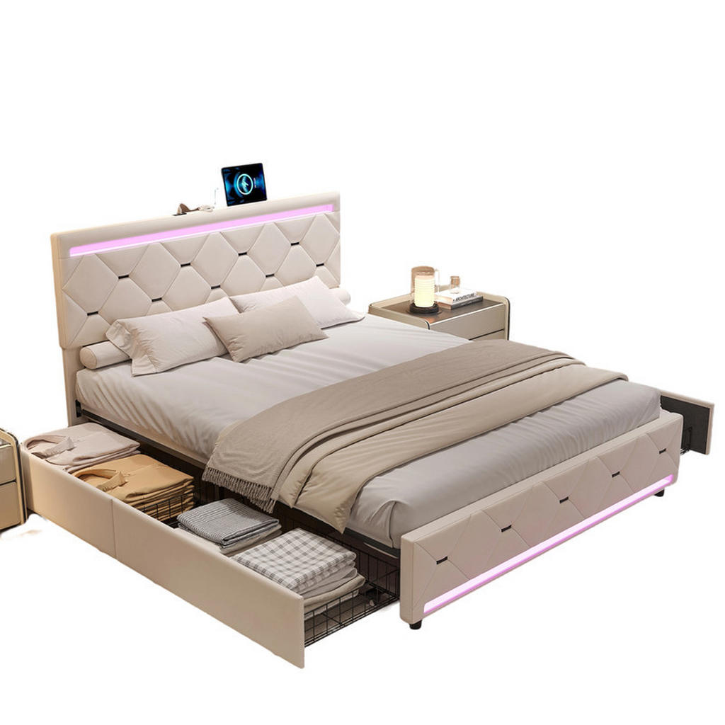SHOPENTRA ČALOUNĚNÁ postel 140x200 cm béžová sametová LED USB 4 zásuvky