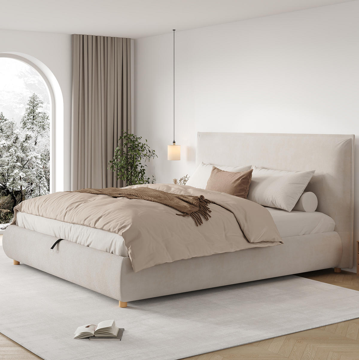 POLSTERBETT 180/200 cm creme aus Samt mit Stauraum und Lattenrost - Creme, Holzwerkstoff (180/200cm) - OKWISH