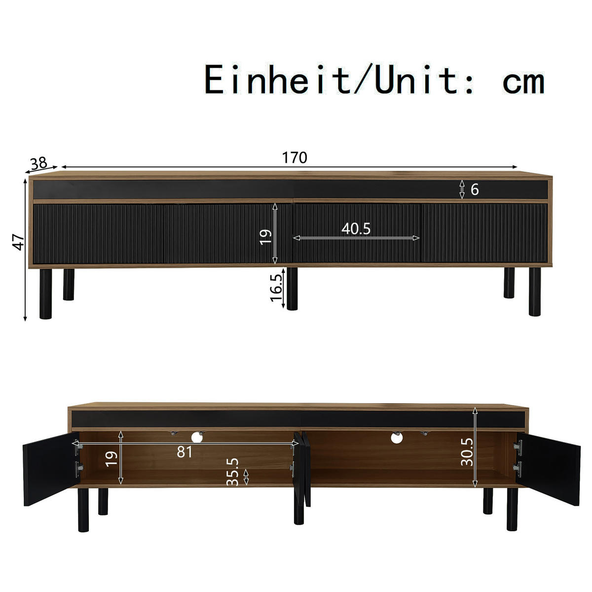 TV-SCHRANK 170cm 4 Türen Schwarz Holzoptik modern - Schwarz, Holzwerkstoff (38/47/170cm) - FLIEKS