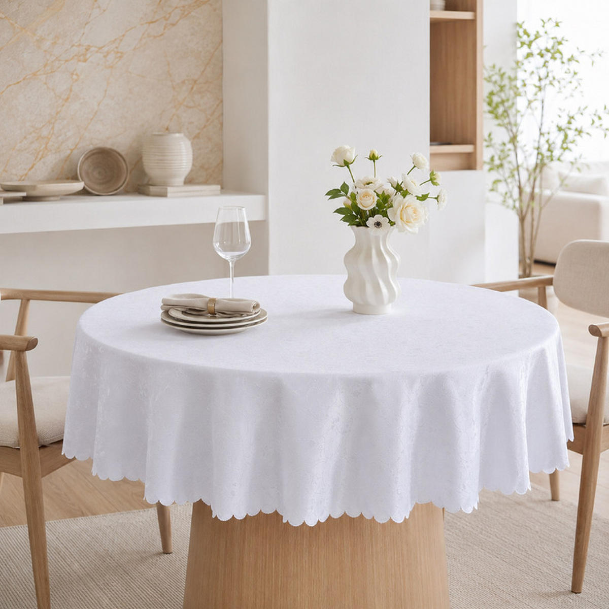 TISCHDECKE Rund Weiß Ø140cm Blumenmuster, wasserabweisend & waschbar, elegante Esstischdecke - Weiß, Textil (140/140cm) - SHOPENTRA