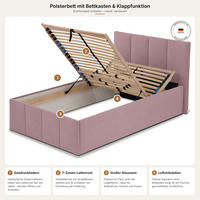 POLSTERBETT Dalas Rose 140 x 200 x 40 cm Bettkasten Mit hochwertiger Matratze H2 (bis 100 kg) und Lattenrost - Rosa, Holz (140/200cm) - Halmon Schlafkomfort Betten 
