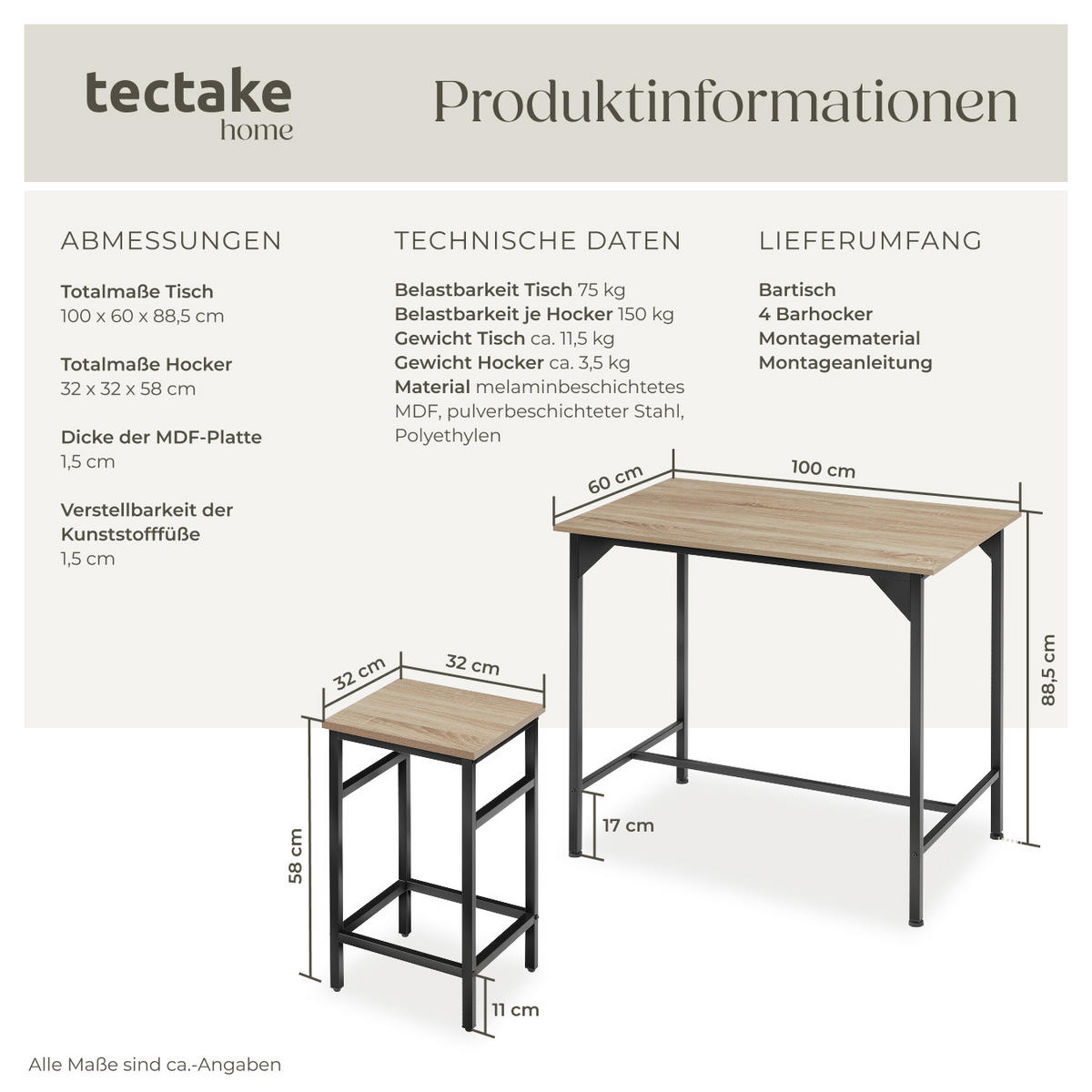 BARTISCH-SET Edinburgh,mit höhenverstellbaren Kunststofffüßen,Industrial Holz hell, Eiche Sonoma - Naturfarben, Holz (124/88.5/100cm) - tectake