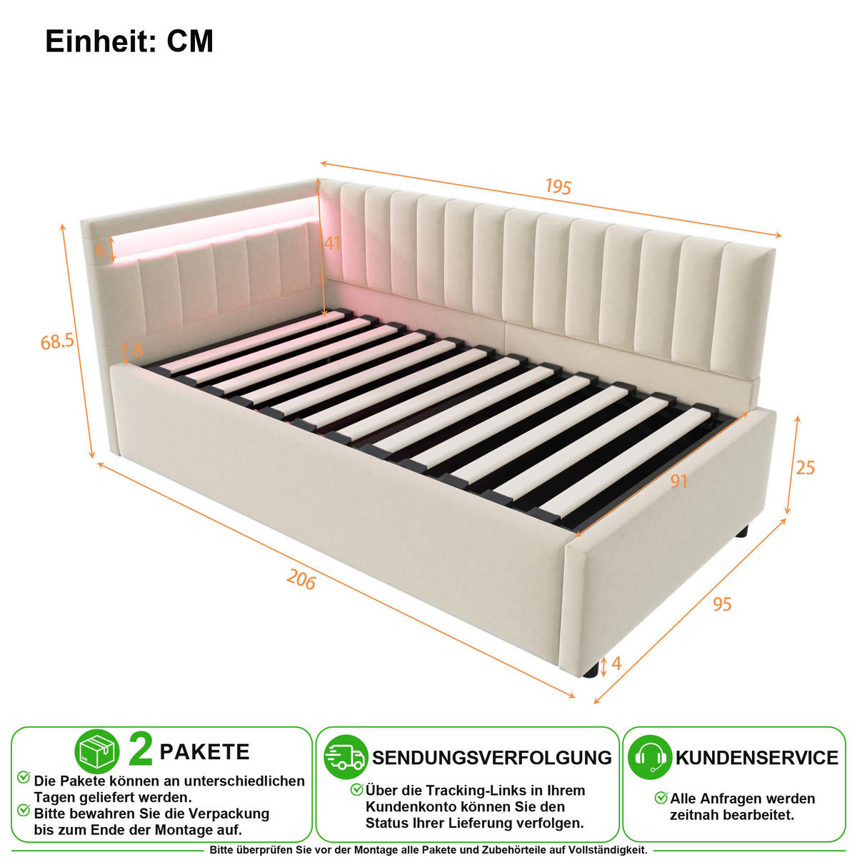 SCHLAFSOFA 90/200 cm in Beige mit LED und Bettkasten Samt - Beige, Holzwerkstoff/Textil (90/200cm) - CHICFURN