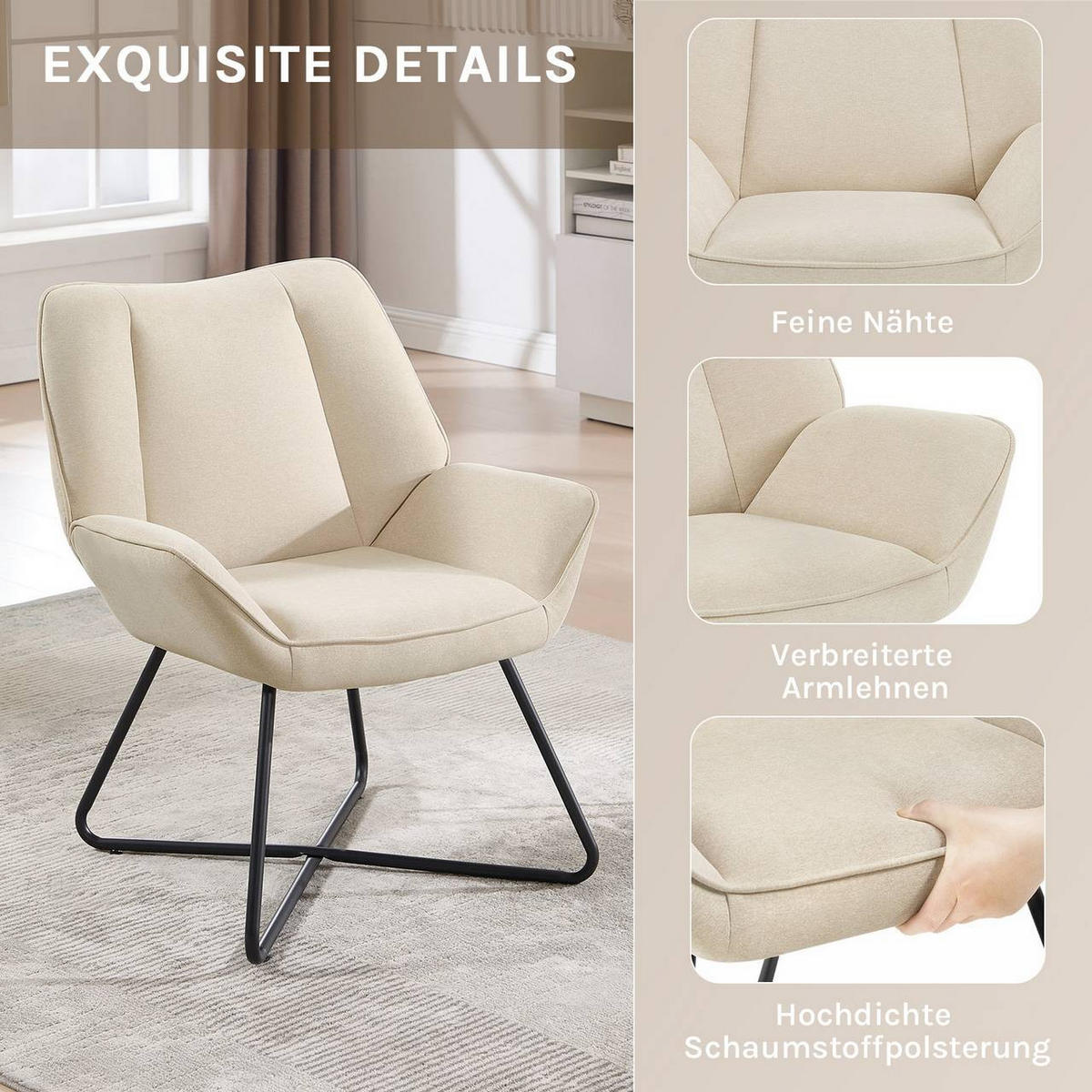 RELAXSESSEL mit Metallrahmen, Leinen, Beige - Beige/Schwarz, Keramik/Textil (71/85/70cm) - Woltu