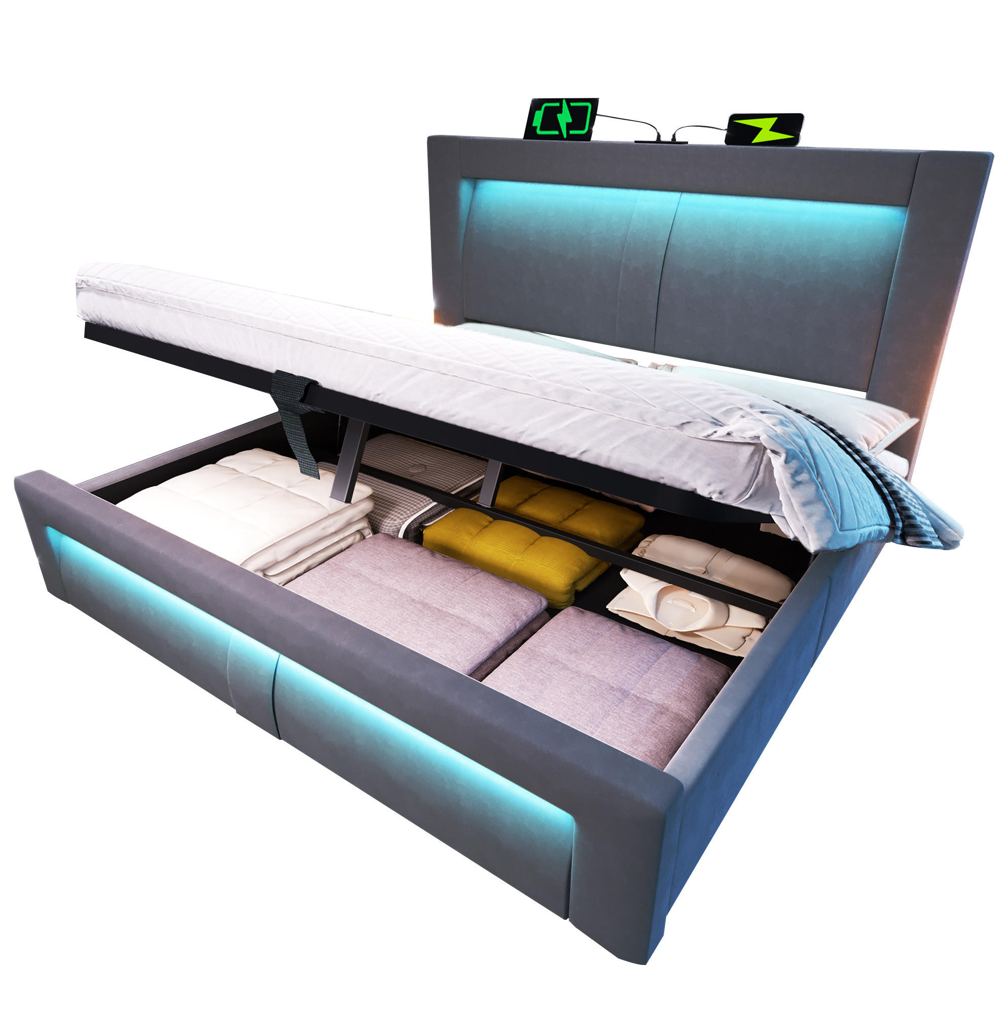 POLSTERBETT 160/200 cm Grau aus Samt mit Stauraum LED und USB/Typ-C mit Matratze - Grau, Textil (160/200cm) - OKWISH