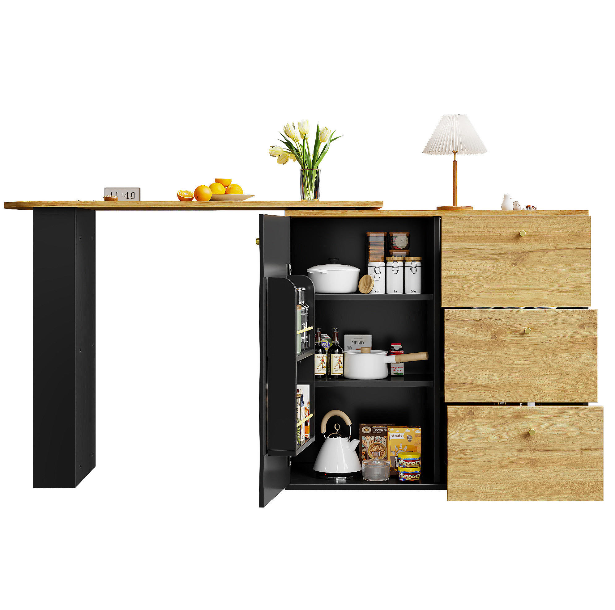 Redom BAROVÝ stůl z MDF 138-204/39/104 cm s otočnou a výsuvnou deskou a úložným prostorem, černá
