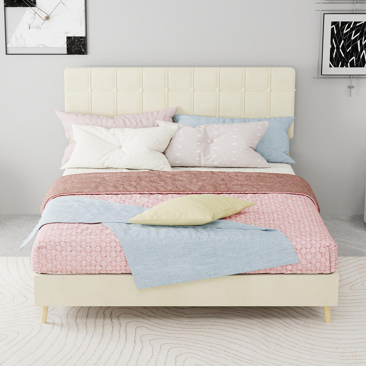 POLSTERBETT 140/200 cm DE-32943 mit Karosteppung-Kopfteil Beige - Beige, Metall (140/200cm) - ComfortXL