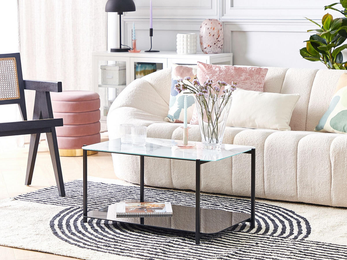 COUCHTISCH Marmor Optik Weiß/Schwarz rechteckig Gloster - Schwarz/Weiß, Glas (47/77/40cm) - Beliani