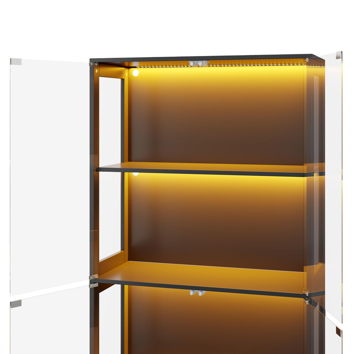 VITRINE mit LED-Beleuchtung, 4 Ebenen, Glasfront, Push-to-Open Türen 80/35/170 cm - Transparent/Schwarz, Glas/Holzwerkstoff (80/170/35cm) - EVRYAE