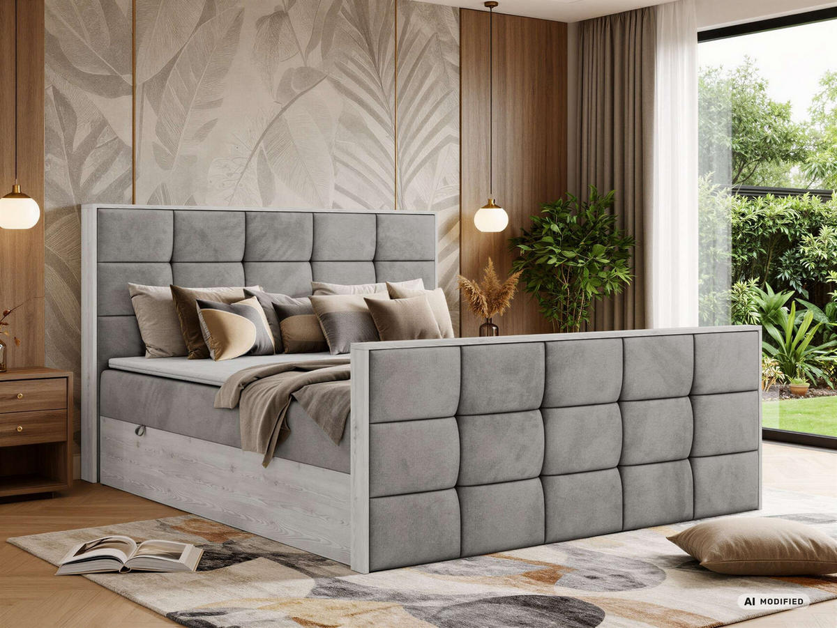 BOXBETT ALNOR DUO 140/200 - Hellgrau Velvet - Topper Visco - H3 - Hellgrau/Schwarz, Kunststoff/Textil (140/200cm) - MKS