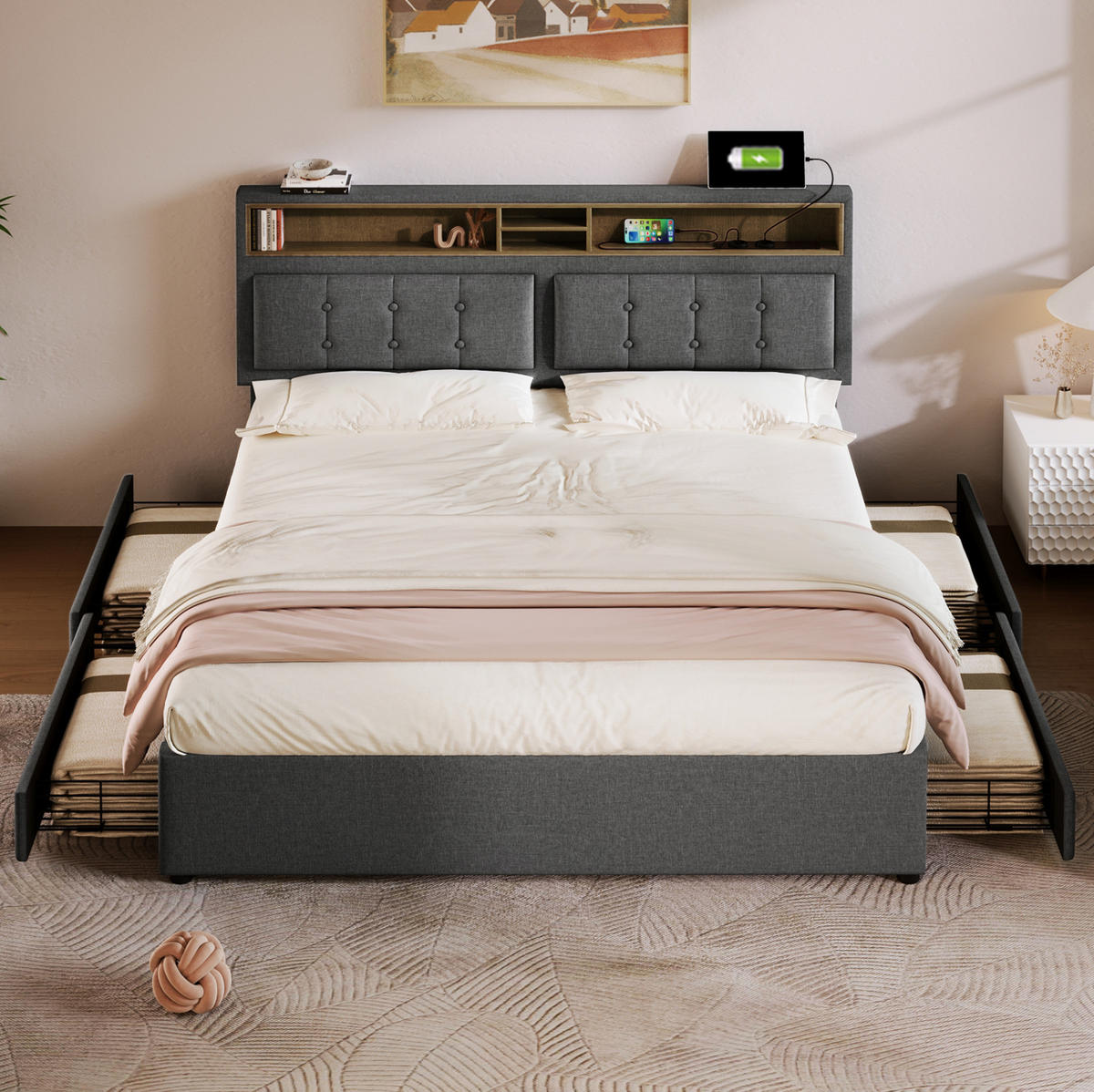 ČALÚNENÁ posteľ z ľanu 140x200 cm sivá s nastaviteľným čelom, 4 zásuvkami, USB-C a matracom - sivá, textil (140/200cm) - Modfu