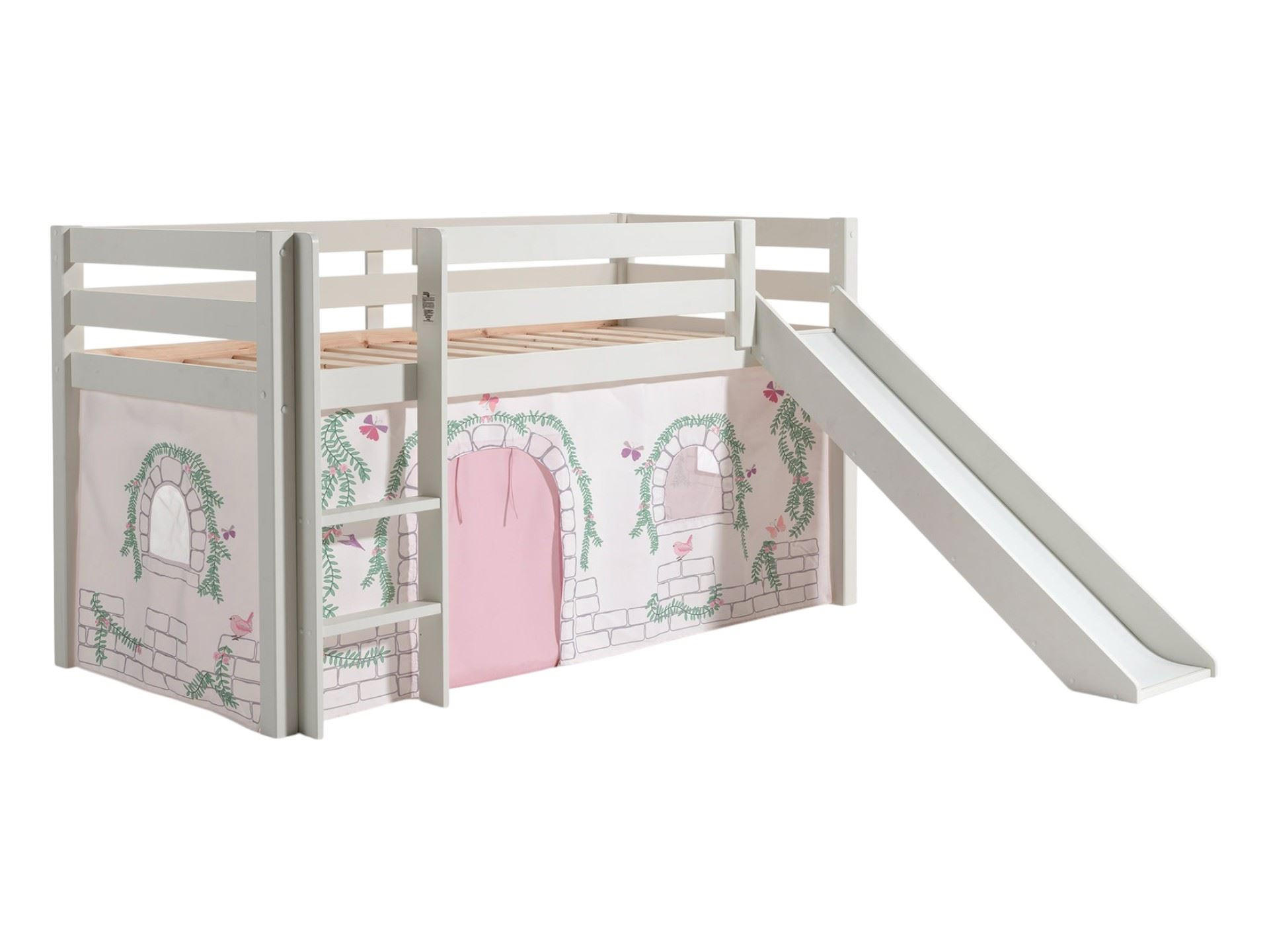 HOCHBETT mit Rutsche Karolina Massivholz Weiß Textilset Burg 1 - Hellgrau/Weiß, Holz (90/200cm) - 58aufmkessel