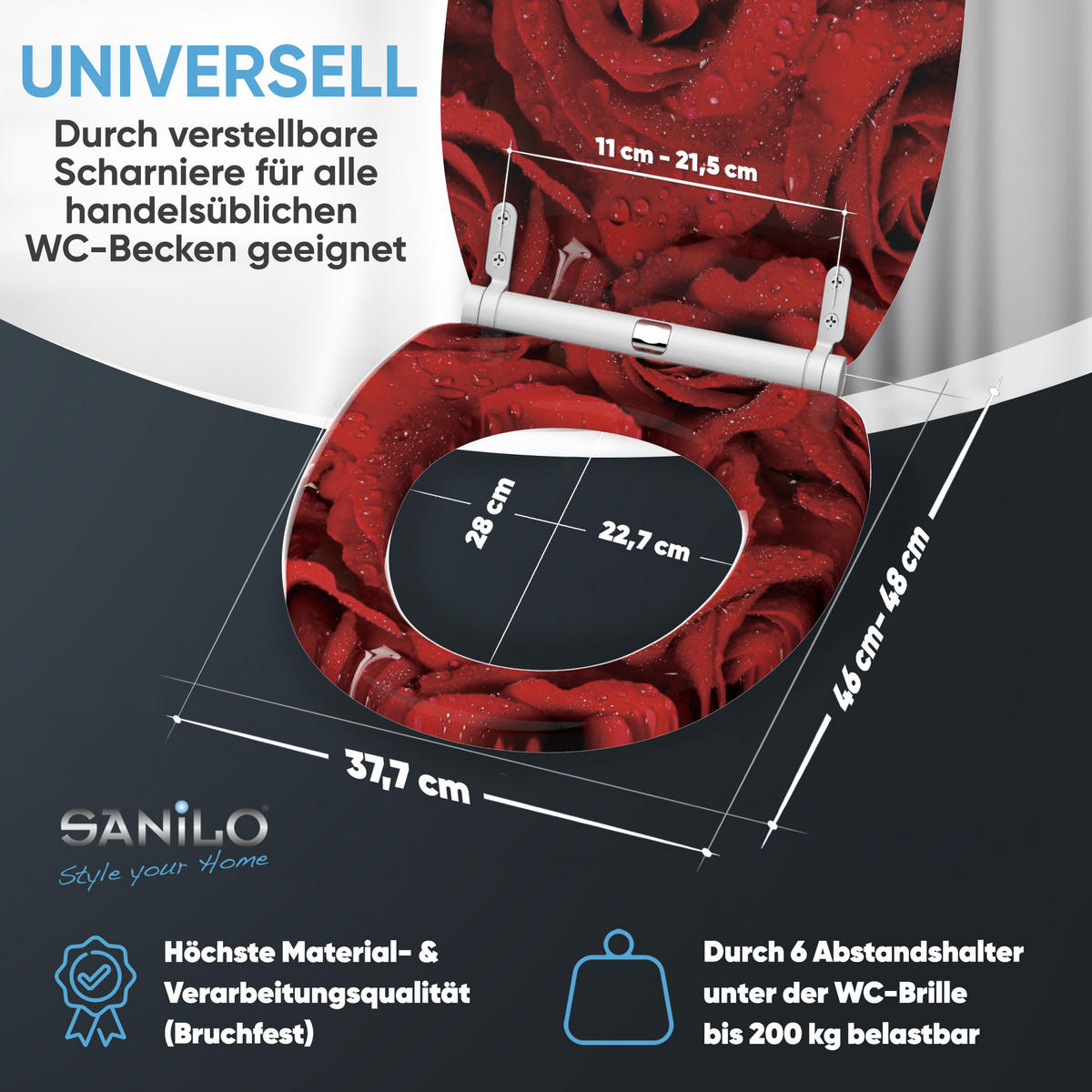 WC-SITZ mit Absenkautomatik & Top Fix Rosen - Rot, Holzwerkstoff (37.7/5.5/48cm) - Sanilo