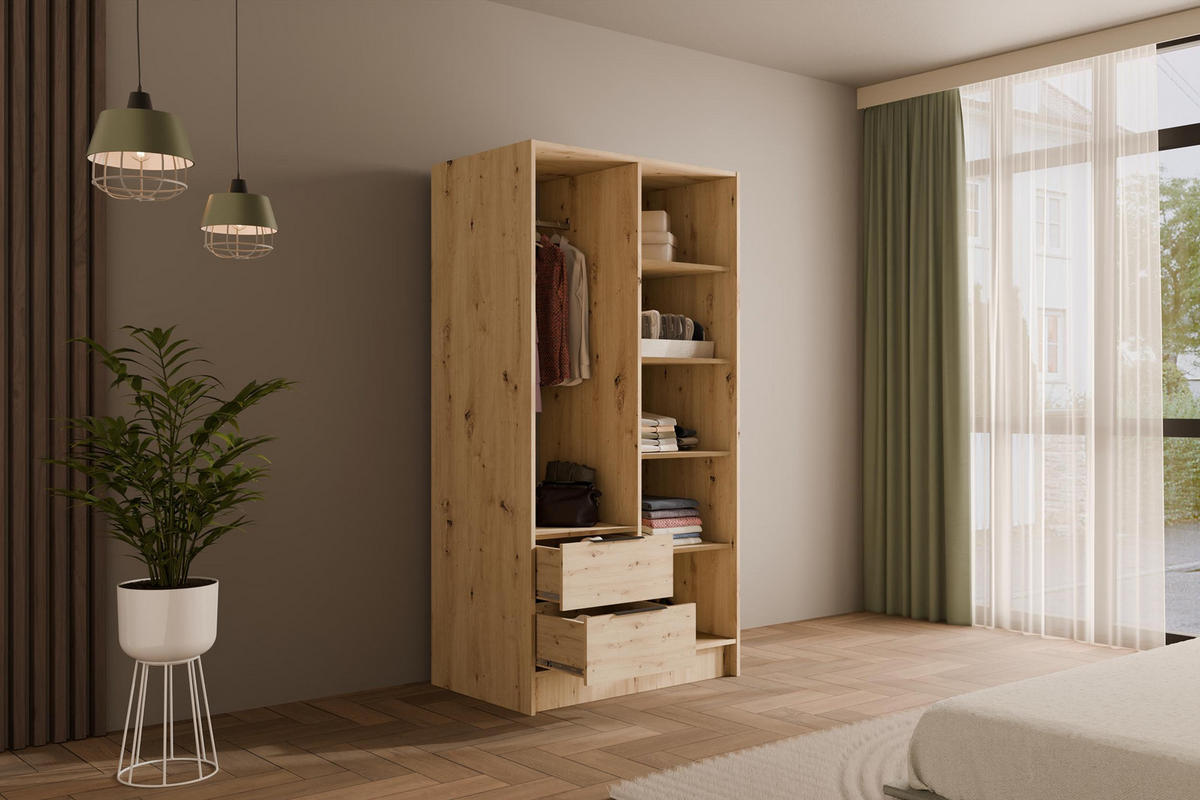 KLEIDERSCHRANK NELIA - 120 cm - Schwarz/Eiche Artisan, Holzwerkstoff (102/200/51cm) - ALTDECOR