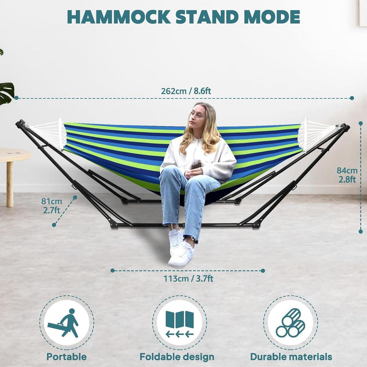 HÄNGEMATTEN- und Hängesessel-Set mit klappbarem Gestell, 2-in-1-Funktion, belastbar bis 200 kg, Schwarz/Grün - Multicolor, Metall (130/2.5/180cm)