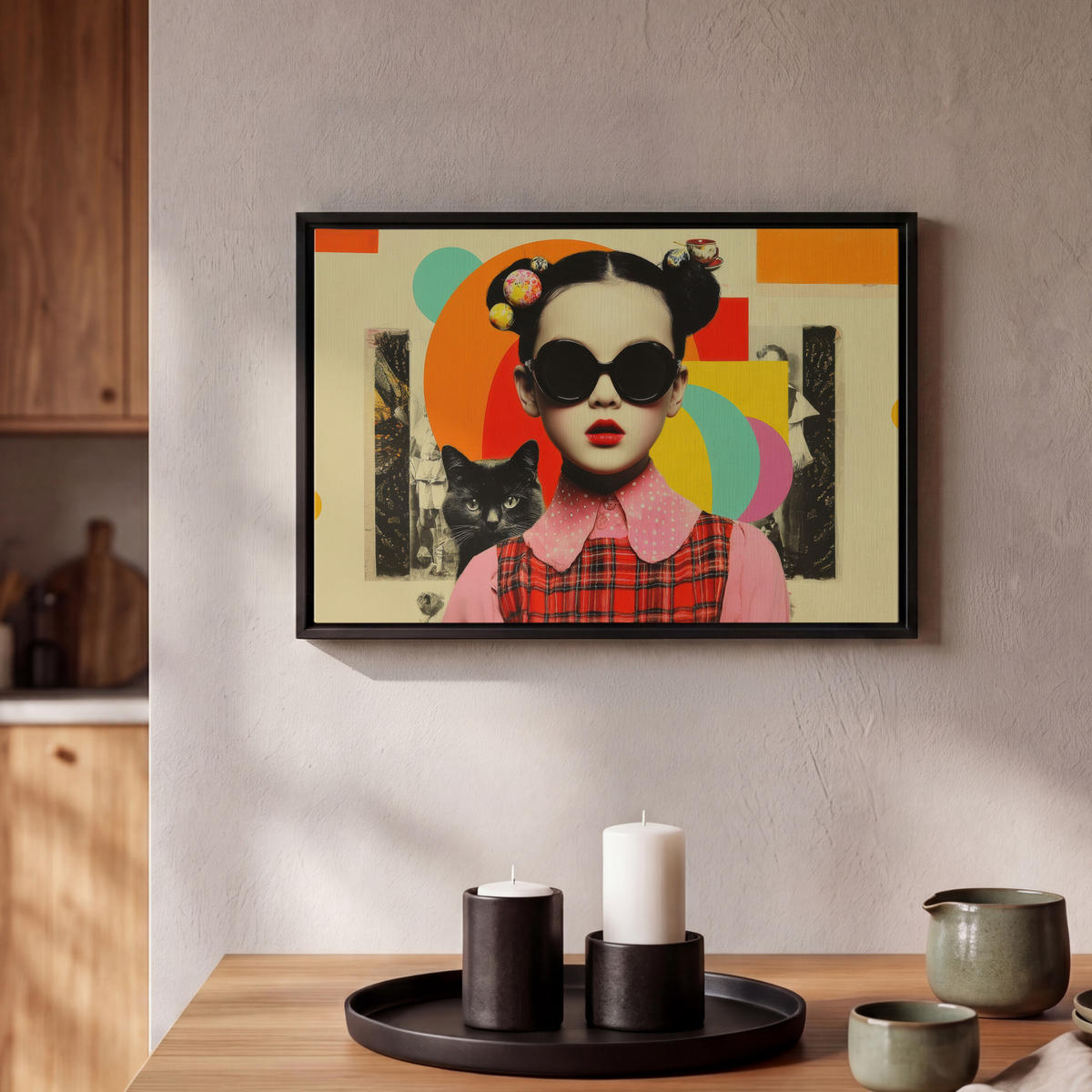 LEINWAND Bilder mit Rahmen - Mädchen - Sonnenbrille - Katze - Retro - 30x20 - Beige, Textil (30/20cm) - MuchoWow
