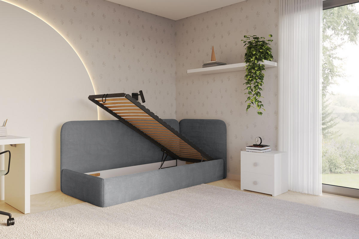 EINZELLBETT Jugendbett mit Bettkasten und Matratze H3/H4, Links - ELSY 100x200 Dunkelgrau - Graphitfarben, Holzwerkstoff/Textil (100/200cm) - ALTDECOR