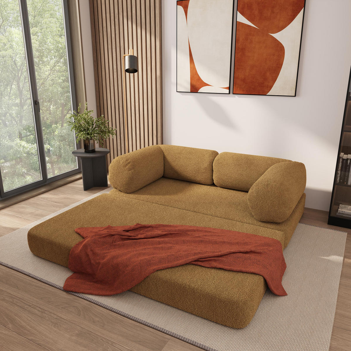 POHOVKA z pěny EIREN s funkcí spaní Buklé látka Medová - žlutá/jantarová, textil (170/68/80cm) - MASSENO