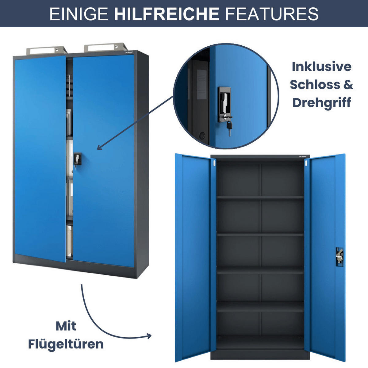 AKTENSCHRANK abschließbar KADO mit Flügeltüren 185x115x40cm Anthrazit-Blau - Anthrazit, Metall (115/185/40cm) - DELUKE