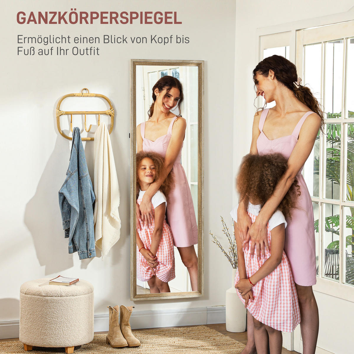 GANZKÖRPERSPIEGEL, 162,6 x 53,5 cm Standspiegel mit Ständer Weiß+Naturholz - Weiß/Naturfarben, Glas (53.3/162.6/2.5cm) - HOMCOM
