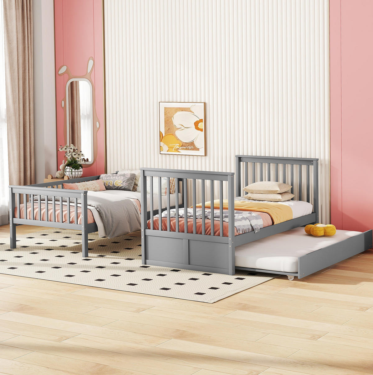 ETAGENBETT 205/95/160 cm aus Kiefernholz und MDF mit Ausziehbett Grau - Grau, Holz (90/200cm) - Modenvie