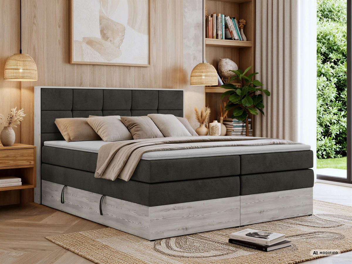 BOXSPRINGBETT ALNOR KING 200/200 - Dunkelgrau Velvet - Topper Visco - H3 - Dunkelgrau/Anthrazit, Kunststoff/Textil (200/200cm) - MKS