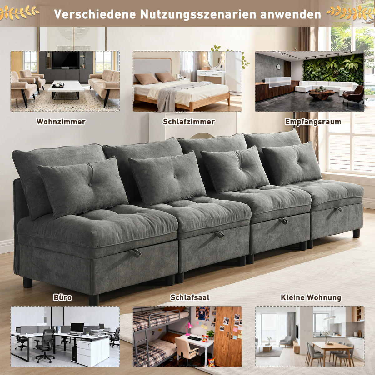 ECKSOFA 274/76/87 cm Antikgrau mit Stauraum - Dunkelgrau, Textil (274/76cm) - Oxeza