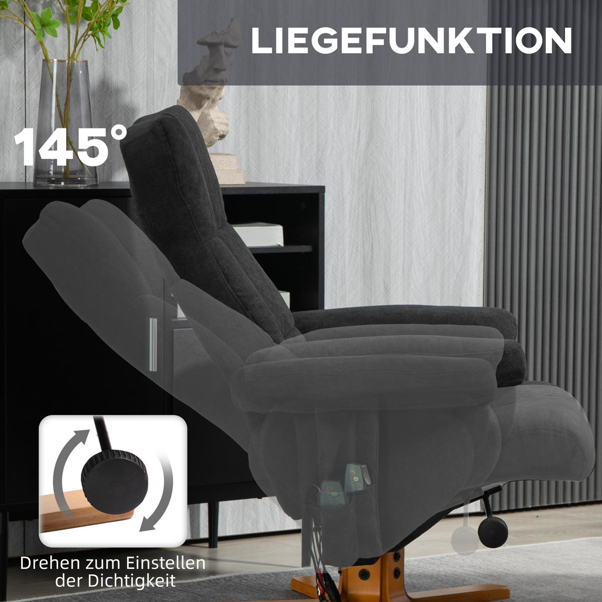 RELAXSESSEL mit Fußhocker, Stauraum, Massagesessel mit Liegefunktion Schwarz - Schwarz, Holz/Textil (86/99/80cm) - HOMCOM