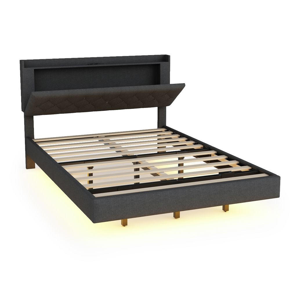 POLSTERBETT 140x200cm,mit USB-Ladeanschluss und LED-Farbwechselstreifen,Beige - Grau, Textil/Metall (140/200cm) - KOMHTOM