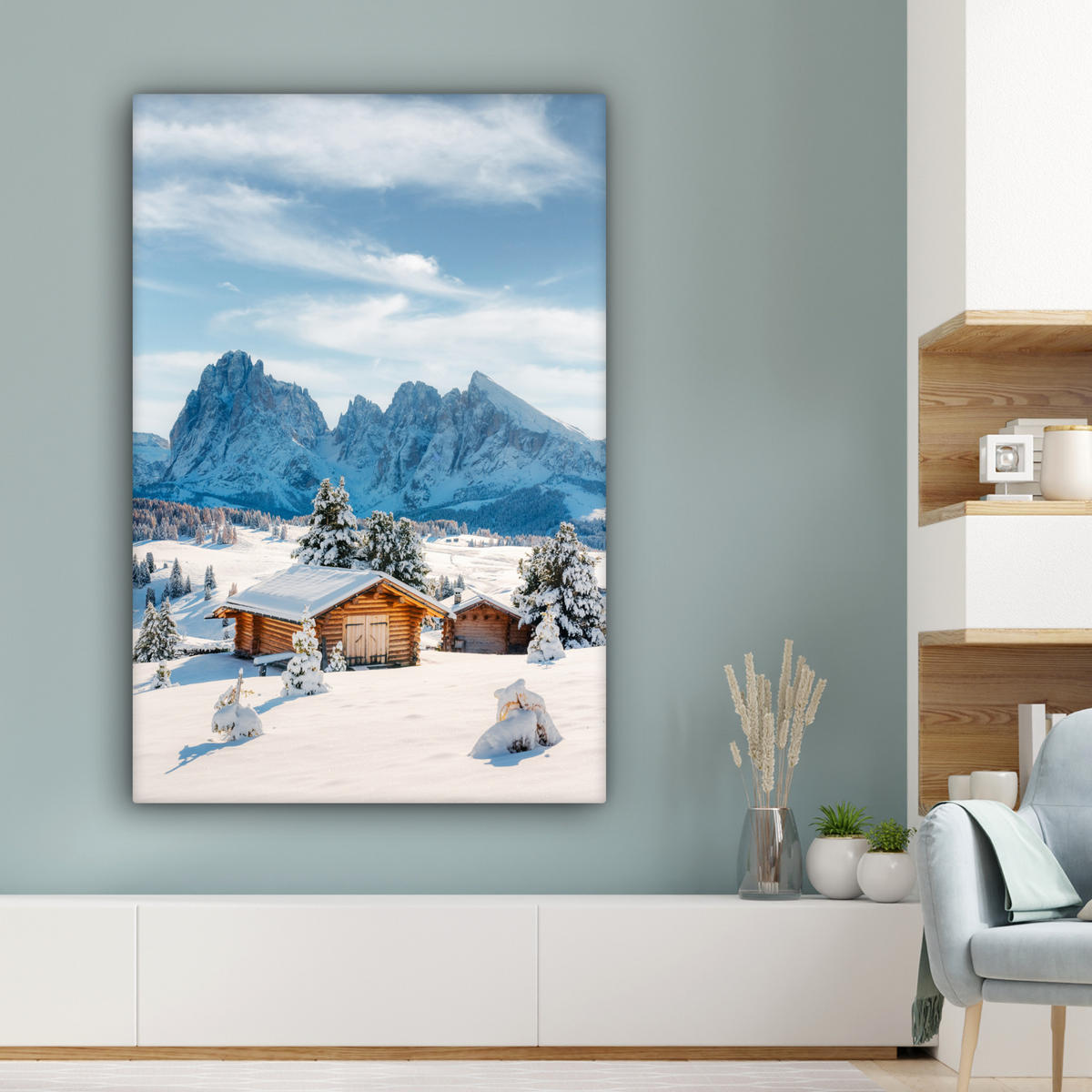 LEINWANDBILD Winter - Hütte - Berge - Aussicht - Schnee Deko XXL 80x120 cm - Eichefarben, Textil (80/120cm) - MuchoWow