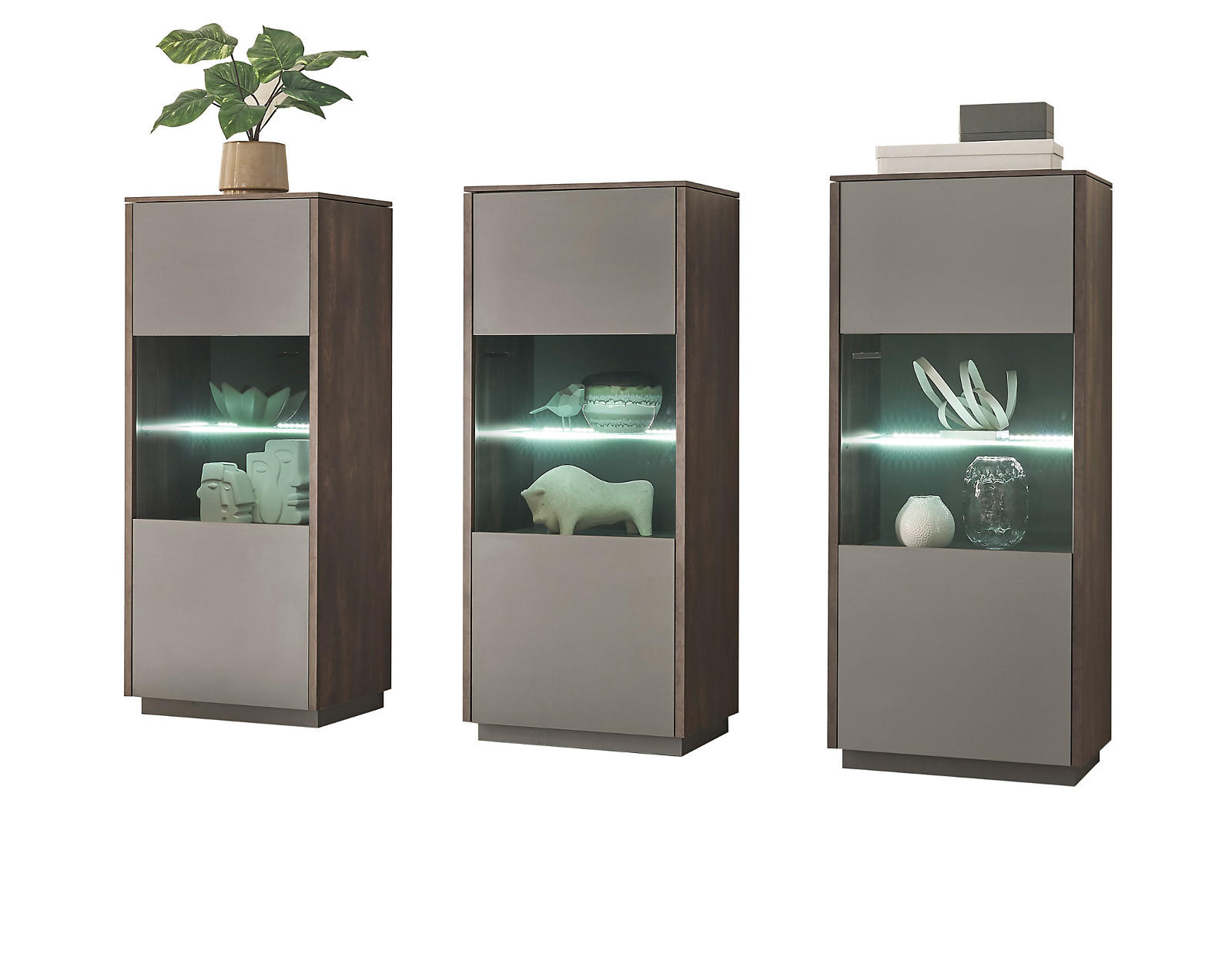 SCHRANK-SET 3-teilig Thermo Eiche, grau, Wohnkombination mit 3 x Vitrine - Eichefarben/Grau, Glas/Holzwerkstoff (205/130/40cm) - Furn.Design