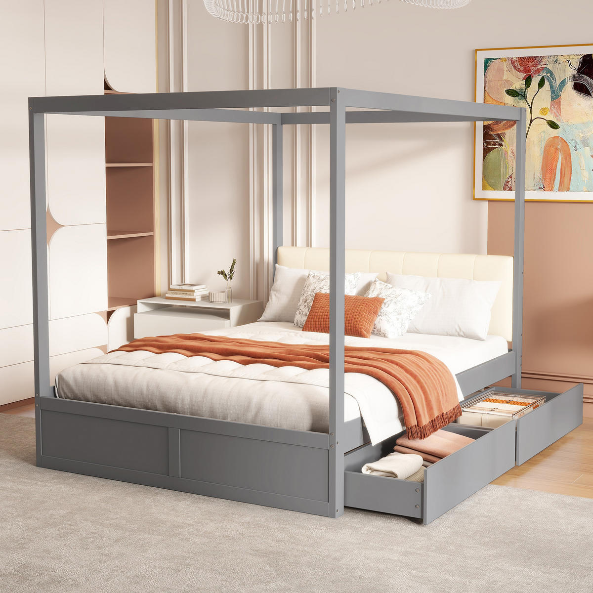 HIMMELBETT 140/200 cm grau mit großen Schubladen und gepolsterter Rückenlehne - Grau, Holz (140/200cm) - OKWISH