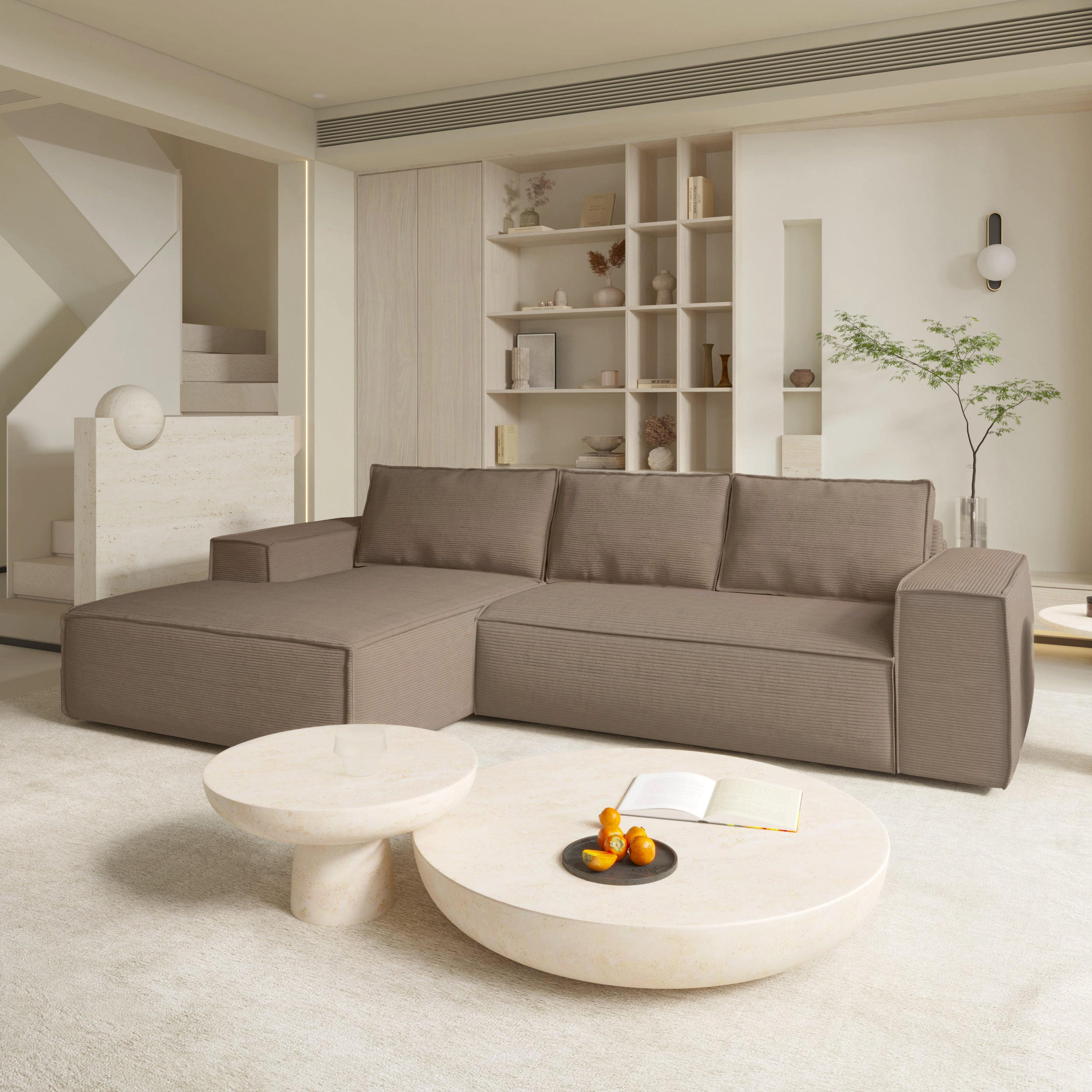 ECKSOFA LINKS Gerippter Samt Taupe 302cm - Taupe, Textil (165/302cm) - Sia Home