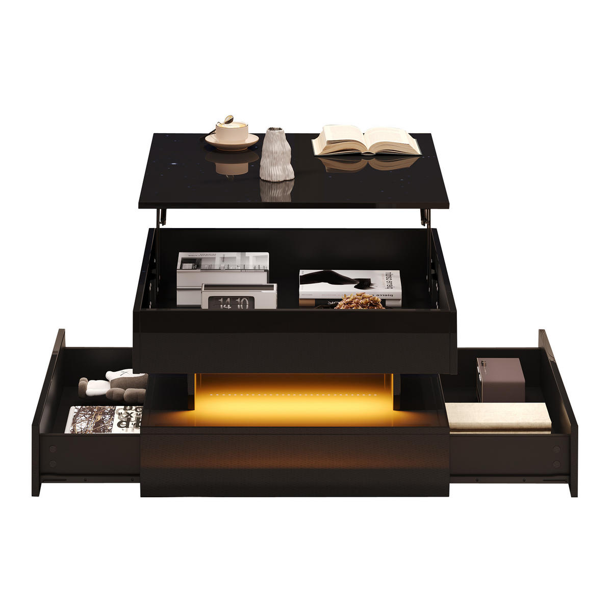 COUCHTISCH 65/65/38,5 cm mit anhebbarer Tischplatte, 2 Schubladen, LED-Beleuchtung und verstecktem Stauraum aus Spanplatte, Schwarz - Schwarz, Holzwerkstoff (65/65/38.5cm) - Redom