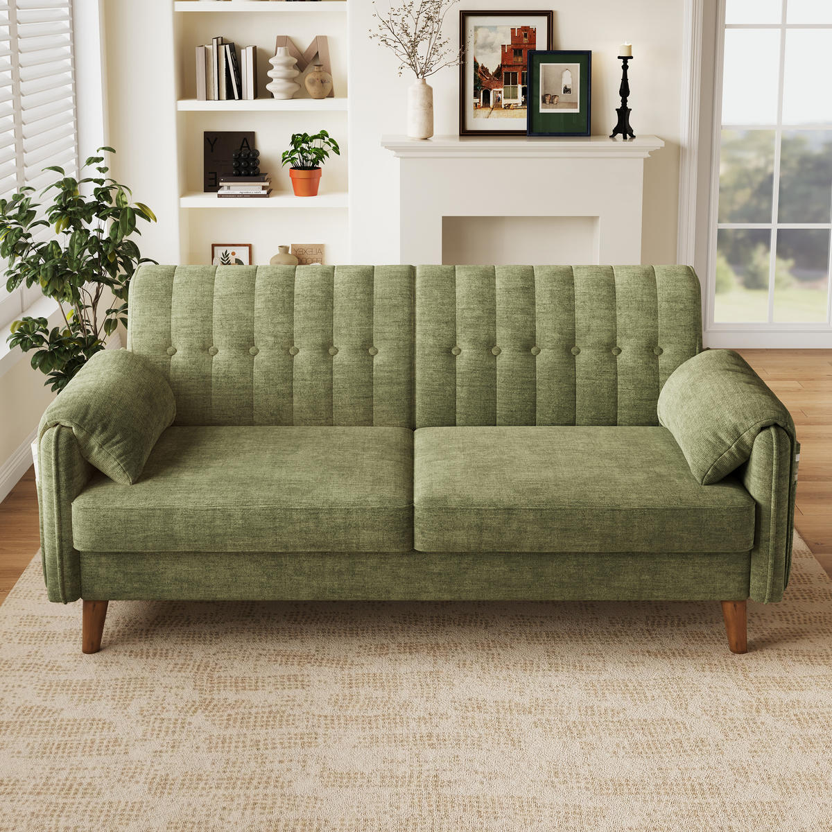SOFA 2-Sitzer, Grün, Chenille, Stepplehne, Seitentaschen - Grün, Textil (79/83.5/161.5cm)