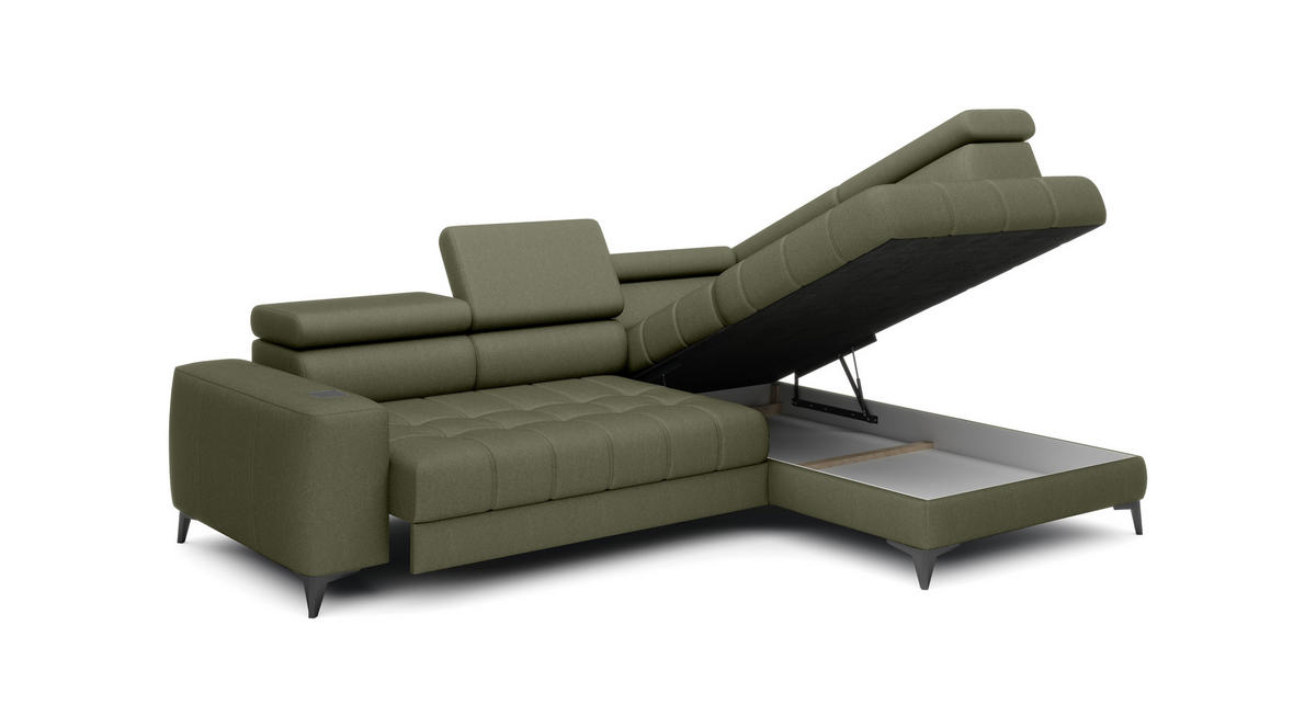ECKSOFA BAGGIO Letto Stoff, Schlaffunktion, Bettkasten, Sitztiefe, Kopfstützen 280x196cm – Rechts – Hellgrün - Hellgrün, Holz/Textil (280/196cm) - DomoHome