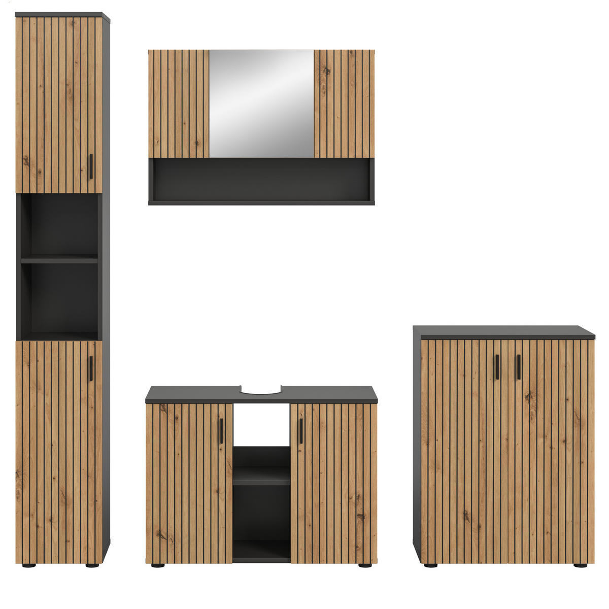 BADMÖBEL-SET Eiche Artisan, grau 4-teilig 200 cm, Badkombination mit viel Stauraum - Schwarz/Eiche Artisan, Glas/Holzwerkstoff (200/192/30cm) - Inn.Furn