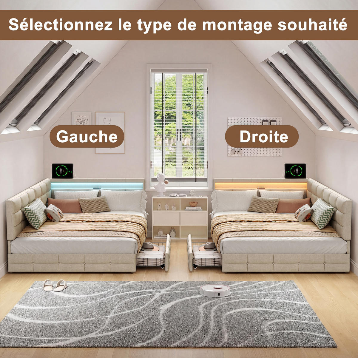 POLSTERBETT 140x200 cm mit 2 Schubladen und LED - Gepolstertes Schlafsofa aus Leinen mit USB und Lattenrost - Für Jugendliche und Erwachsene - Beige - Beige, Holzwerkstoff (140/200cm) - Brevoria