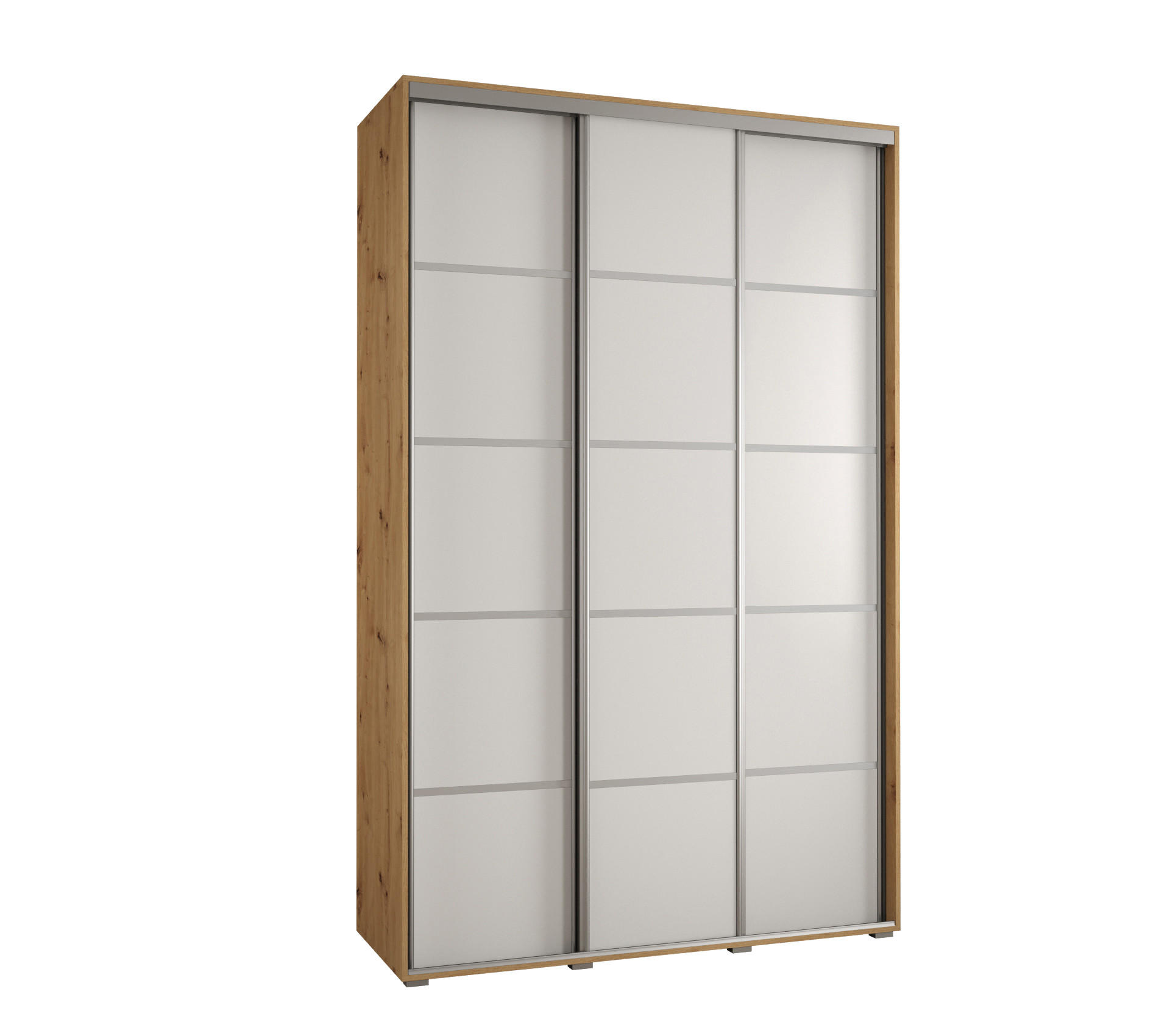 Abiks Möbel Schwebetürenschrank Eiche Artisan, Weiß, Silber 150x235x45 cm
