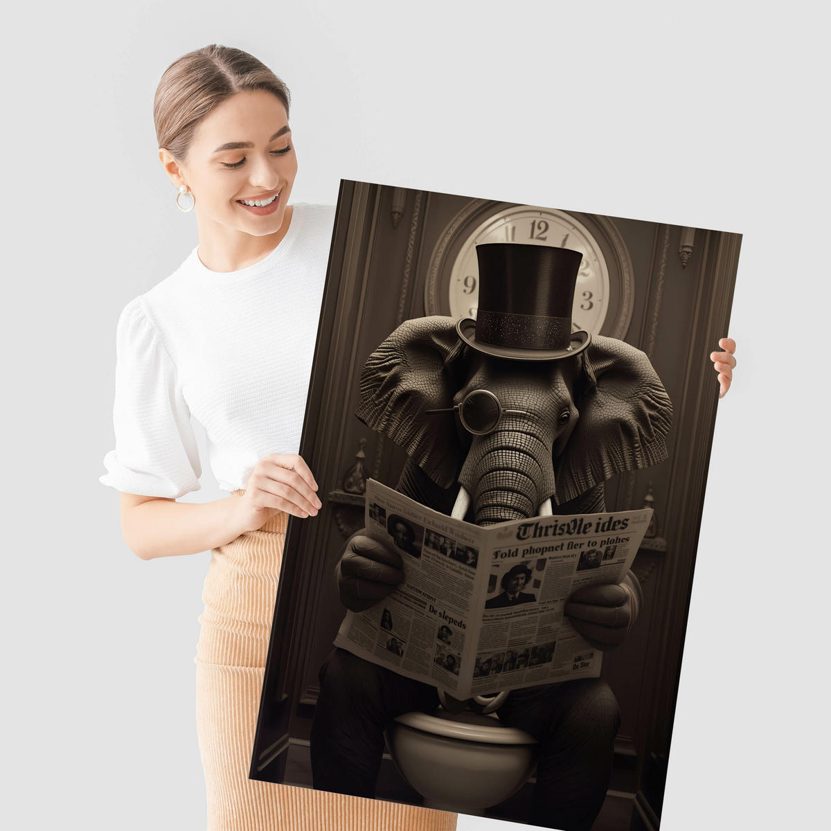 POSTER für WC Badezimmer ELEFANT in Toilette Retro Zeitung Abstraktion 30x40cm - Beige/Schwarz, Papier (30/40/40cm) - Muralo