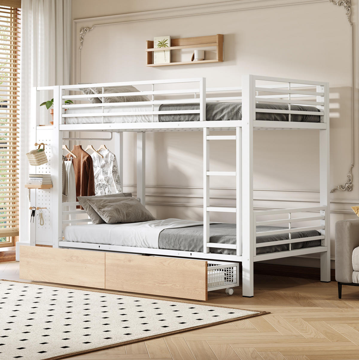 ETAGENBETT aus Metall und MDF 90x200 cm Weiß mit 4 Schubladen, LED-Beleuchtung und Kleiderhakenbereich - Weiß, Holzwerkstoff (90/200cm) - Modfu