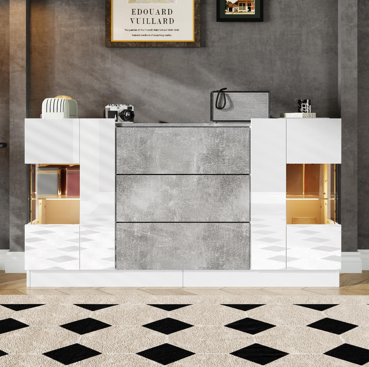 SIDEBOARD mit LED-Beleuchtung 140 x 35 x 75 cm Weiß Marmorlook - Weiß, Glas (140/75/35cm) - Meubliv